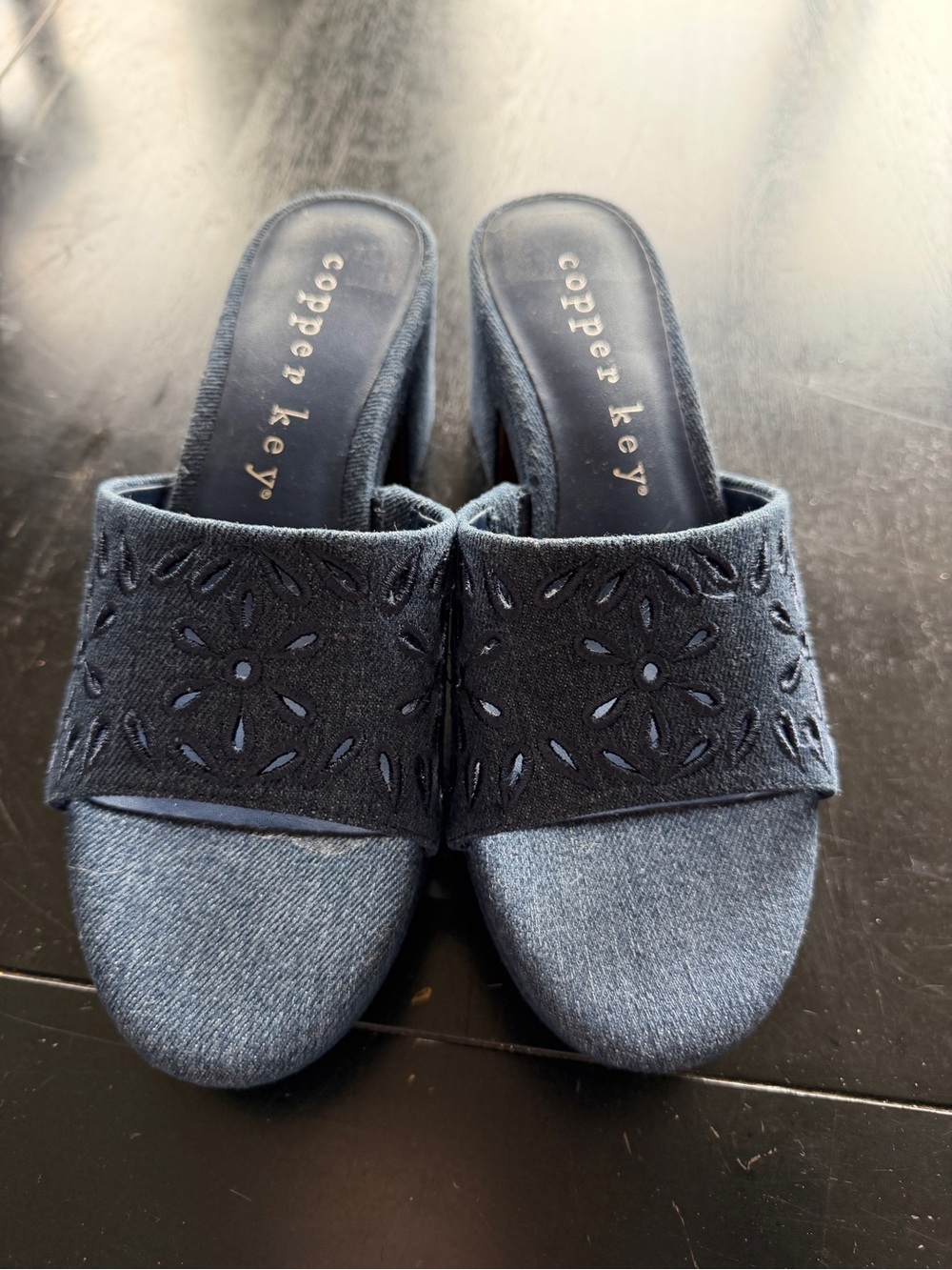 Copper Key Dark Blue Embroidered Denim Slide Mules